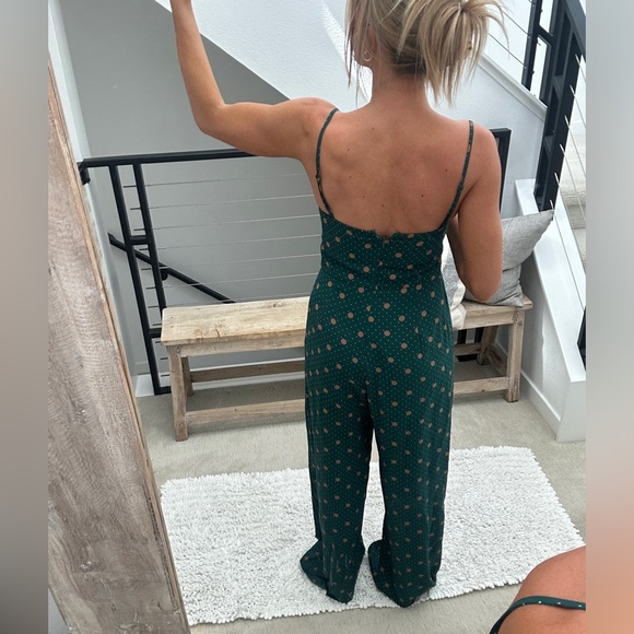 Lush green & tan polka dot wide leg jumpsuit stylish summer vacation formal L - Picture 6 of 12